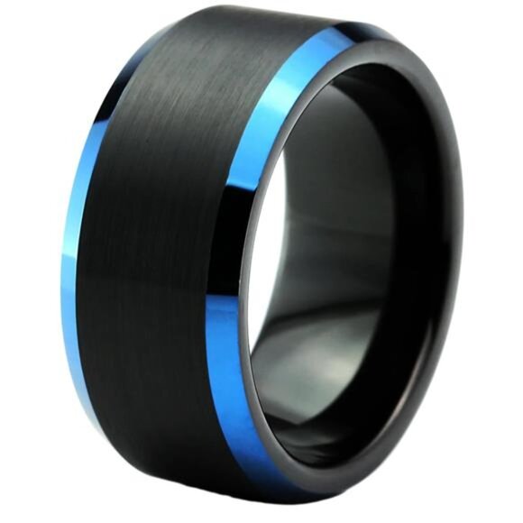 Men's Wedding Band - Black Brushed with Blue Edge - Rings for Men and Women - Picture 1 of 6